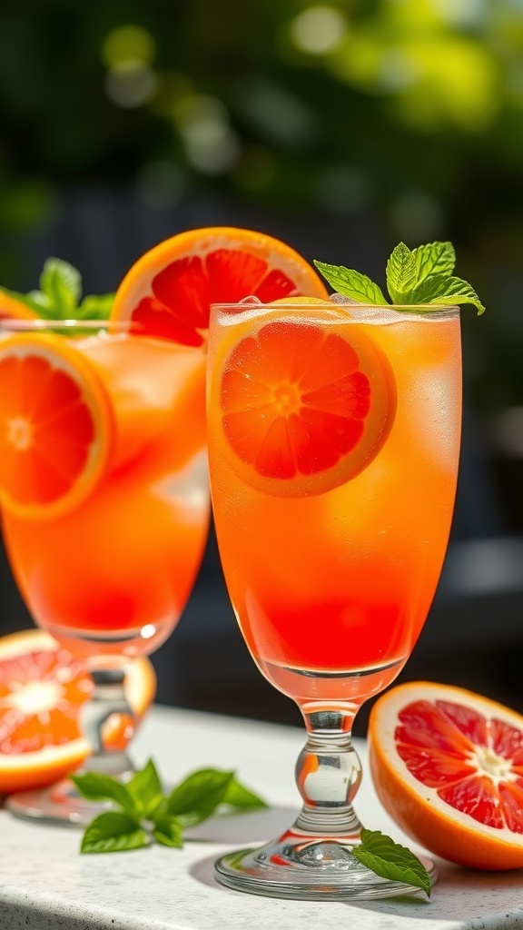 Refreshing Blood Orange Sparkler Mocktail in glasses with blood orange slices and mint, on a sunny table.